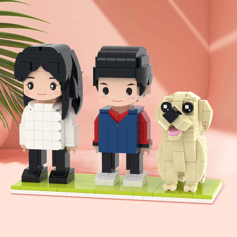 Personalisierte Bausteinfiguren – 2 Personen mit Hund – Personalisierbares Set