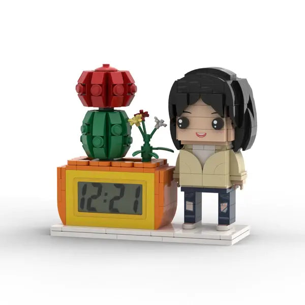 Individuelle Bausteinfiguren – Uhr mit Pflanzentopf – Geschenk für sie