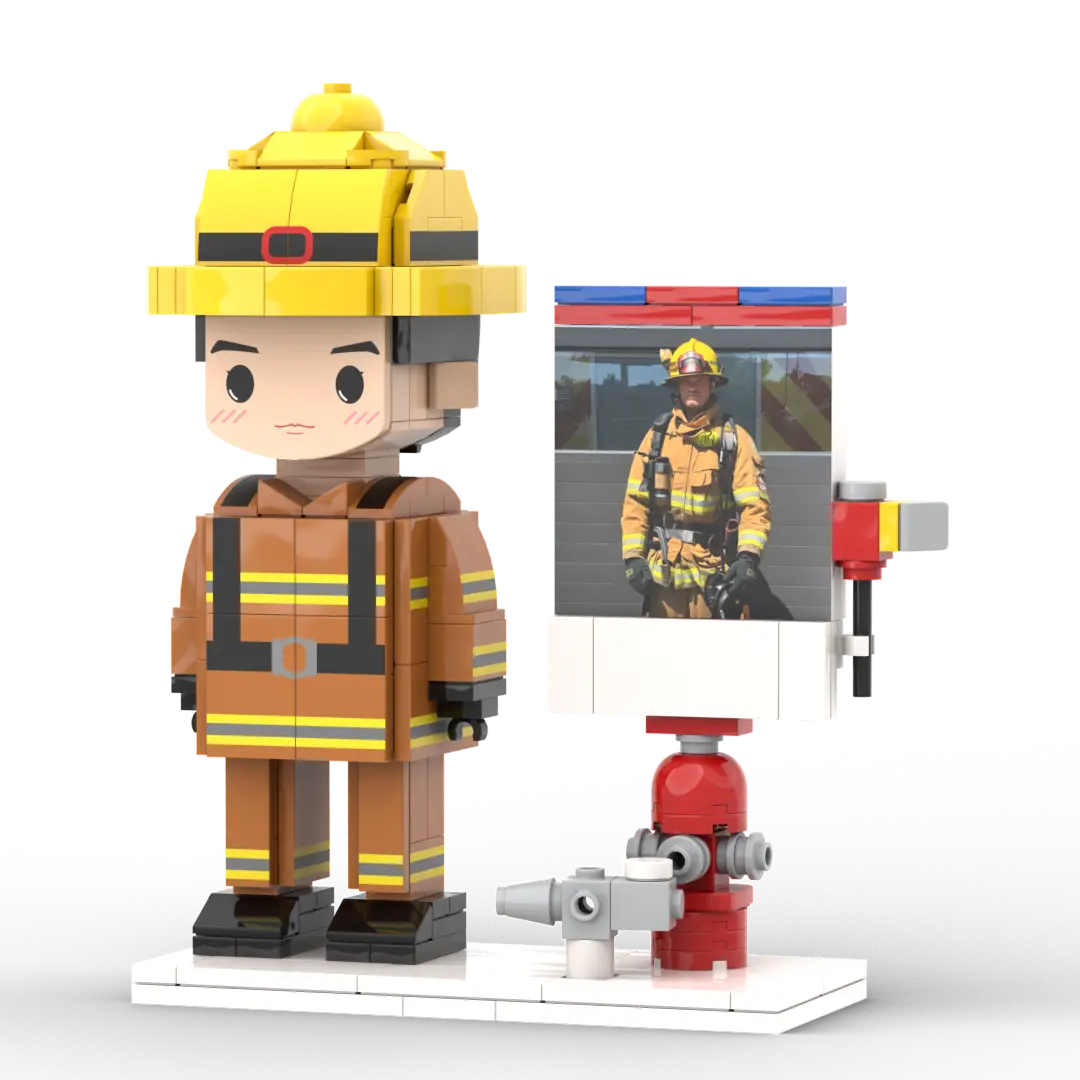 Personalisierte Bausteinfiguren - 1 Person mit Bilderrahmen - Feuerwehrmann