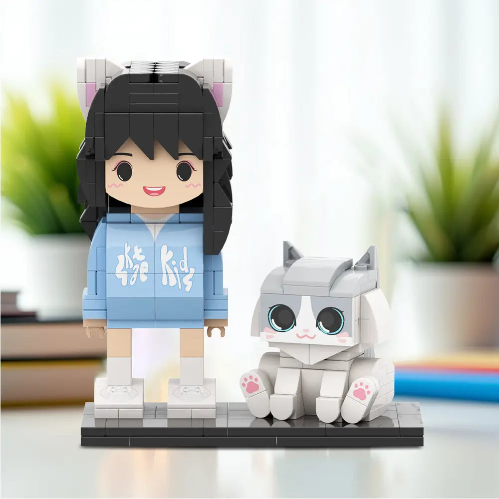 Personalisierte Bausteinfigur - 1 Person mit Katze - Personalisierbares Set