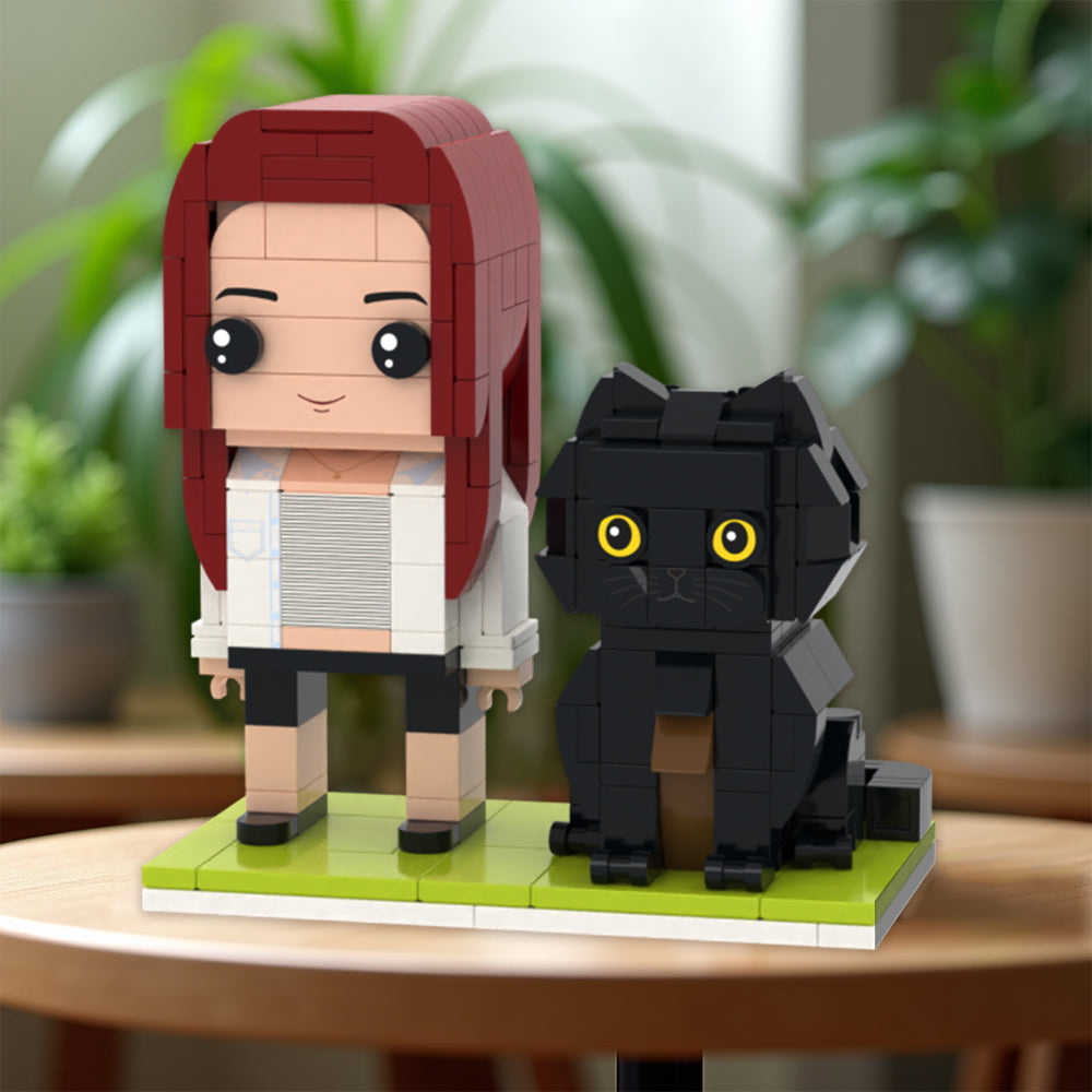 Personalisierte Bausteinfigur - 1 Person mit Katze - Personalisierbares Set