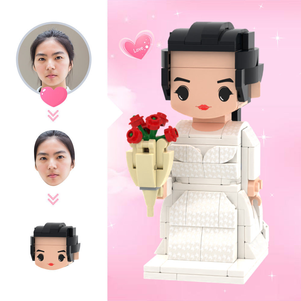 Individuelle Bausteinfigur – 1 Braut mit Rosen – Personalisierbares Hochzeitsgeschenk