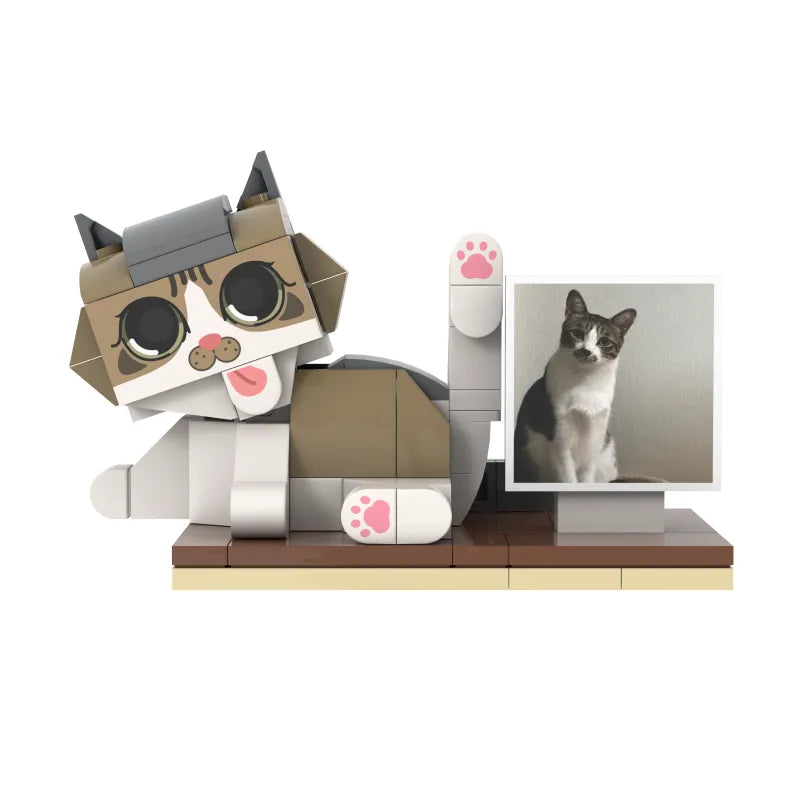 Individuelle Bausteinfigur - 1 Katze mit Bilderrahmen - putzend