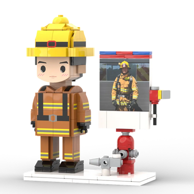 Personalisierte Bausteinfiguren - 1 Person mit Bilderrahmen - Feuerwehrmann