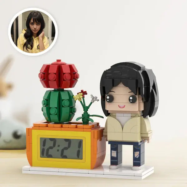 Individuelle Bausteinfiguren – Uhr mit Pflanzentopf – Geschenk für sie