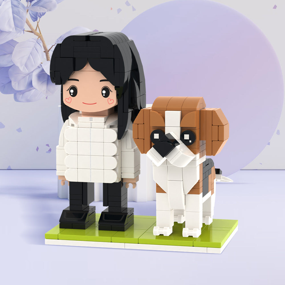 „Individuelle Bausteinfigur – 1 Person mit Hund – Personalisierbares Set