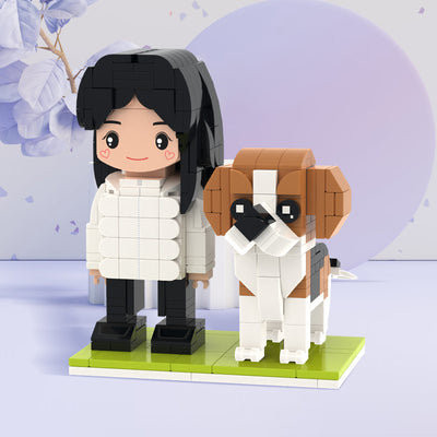 „Individuelle Bausteinfigur – 1 Person mit Hund – Personalisierbares Set