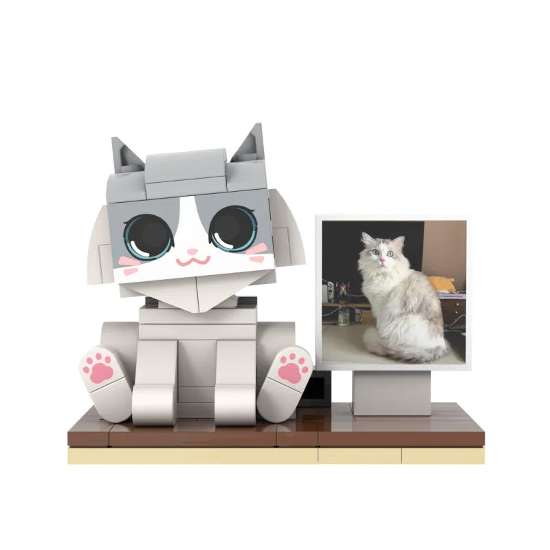 Individuelle Bausteinfigur - 1 Katze mit Bilderrahmen - niedlich sitzend