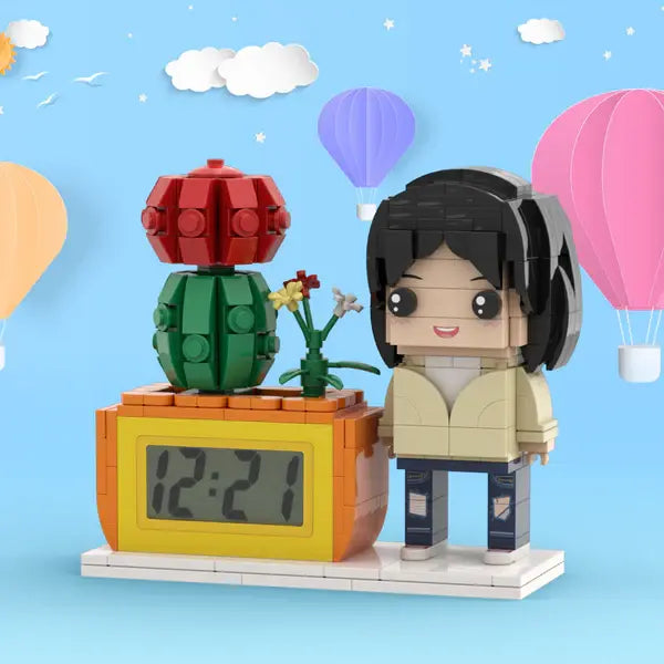 Individuelle Bausteinfiguren – Uhr mit Pflanzentopf – Geschenk für sie