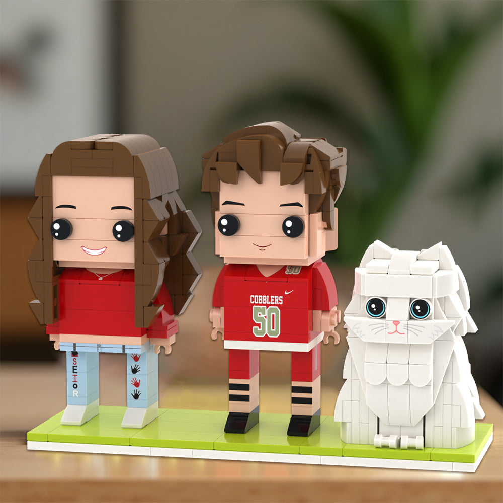 Individuelle Bausteinfigur - 2 Personen mit Katze - Personalisierbares Set